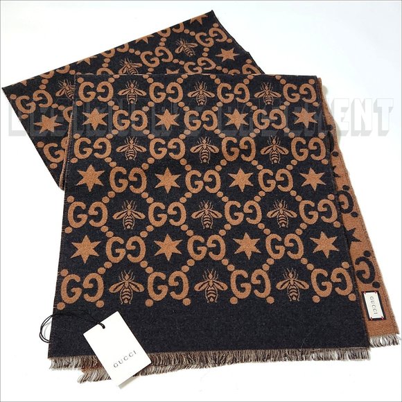 GUCCI brown & charcoal CONSTELLATION Bee GG Stars wool reversible long scarf NWT - Picture 2 of 10